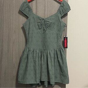 Rock & Roll Denim Eyelet Mini Dress - Hunter Green & Cap Sleeves - Multiple